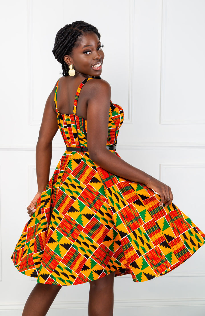 Open shoulder Fit & Flare African Kente midi dress