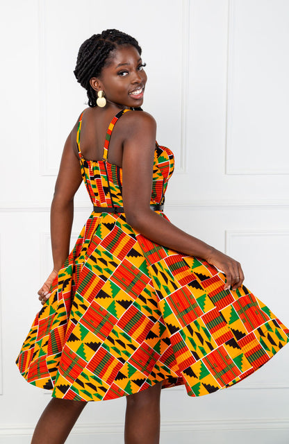 Open shoulder Fit & Flare African Kente midi dress