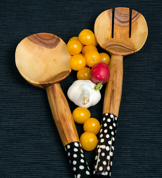 African olive wood Salad Servers with Dotted Batik Handles