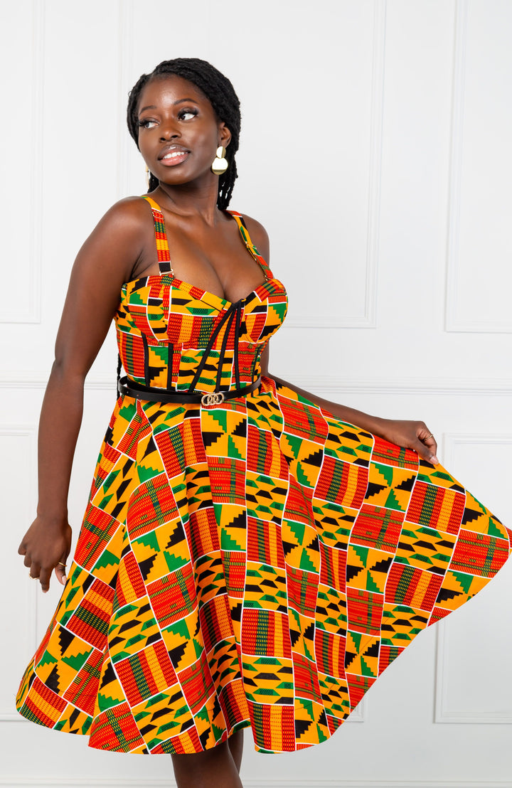 Open shoulder Fit & Flare African Kente midi dress
