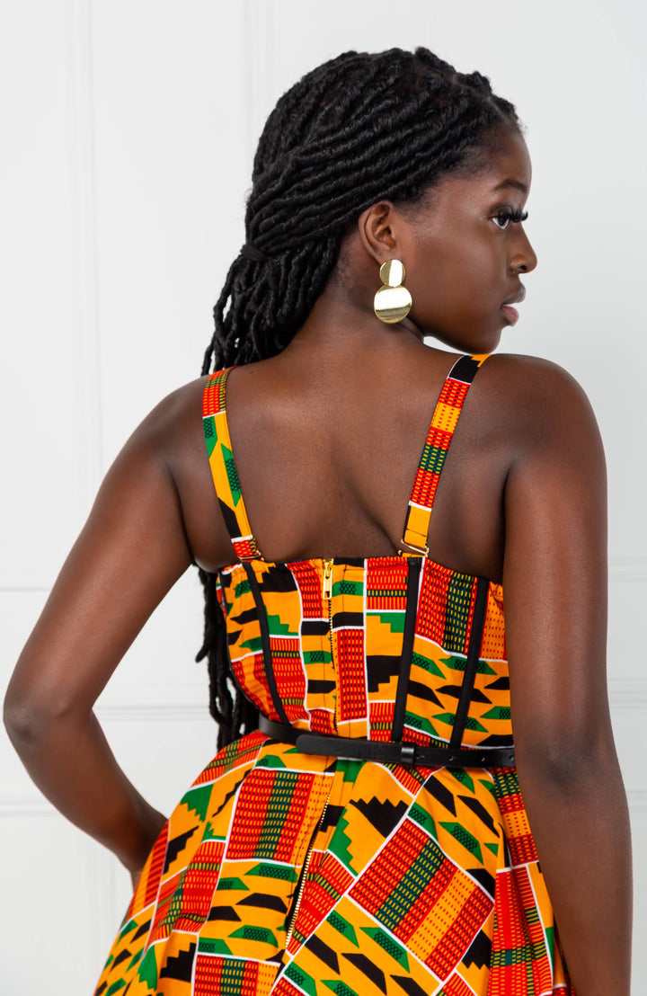 Open shoulder Fit & Flare African Kente midi dress