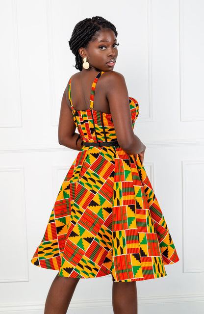 Open shoulder Fit & Flare African Kente midi dress