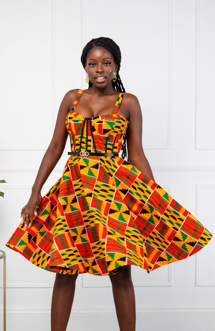 Open shoulder Fit & Flare African Kente midi dress