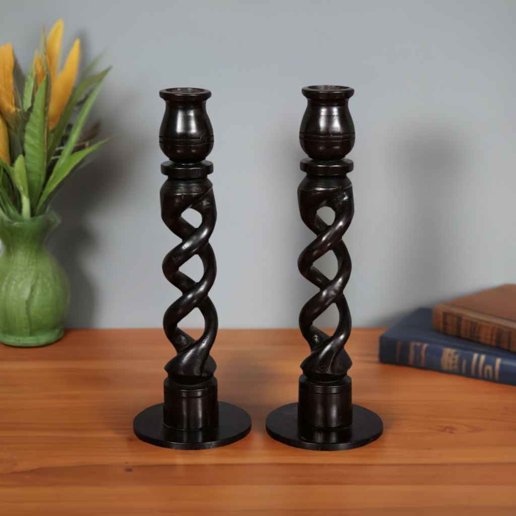 A Pair of African Twisted Ebony wood Candle Holder
